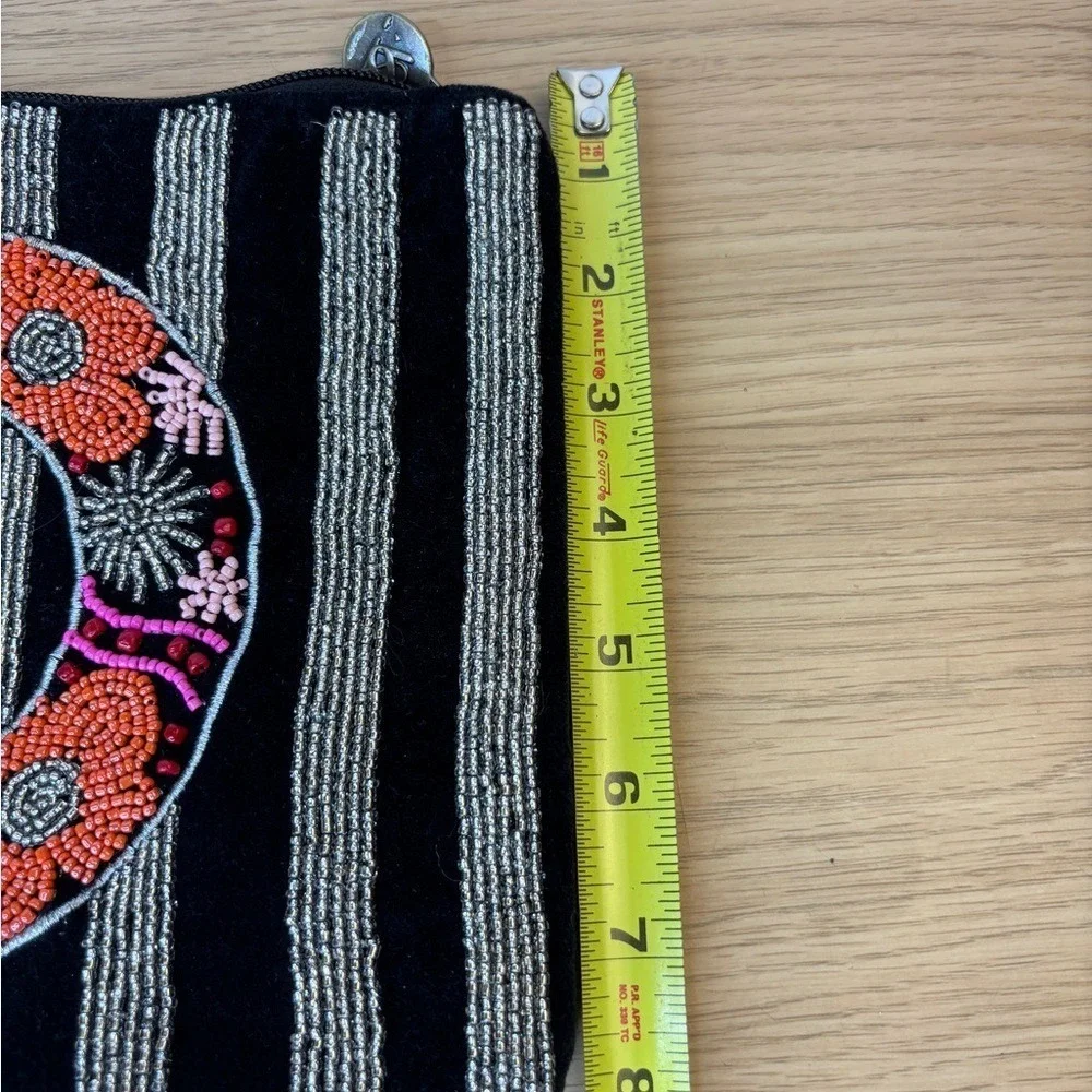 America & Beyond Beaded Initial D‎ Wristlet Clutch Black Velvet Floral Striped